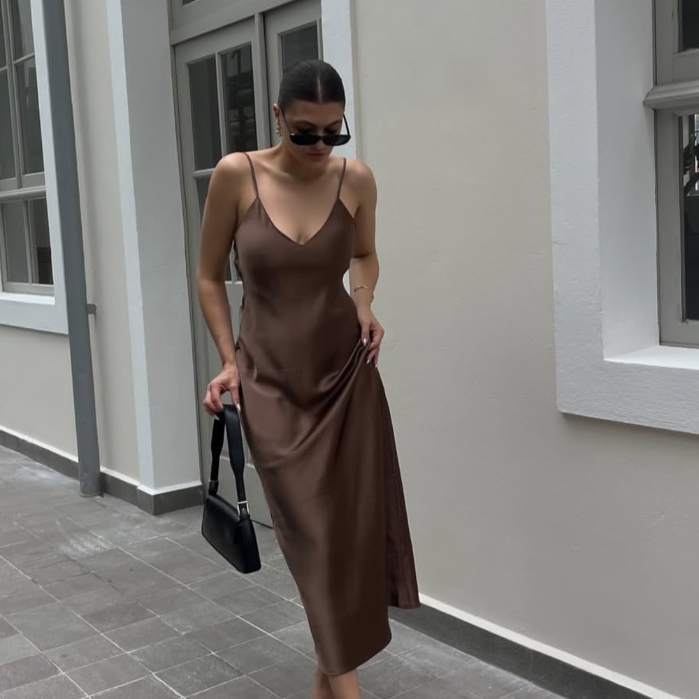 Zara Chocolate Brown Satin Slip Midi Dress